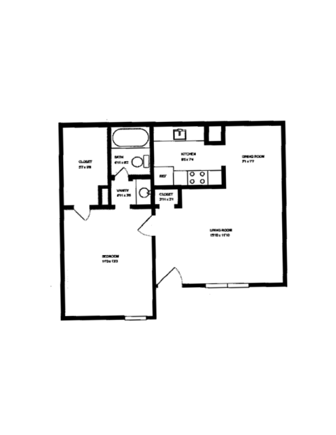 Floor plan for 1 bed, 1 bath, 640 sqft
